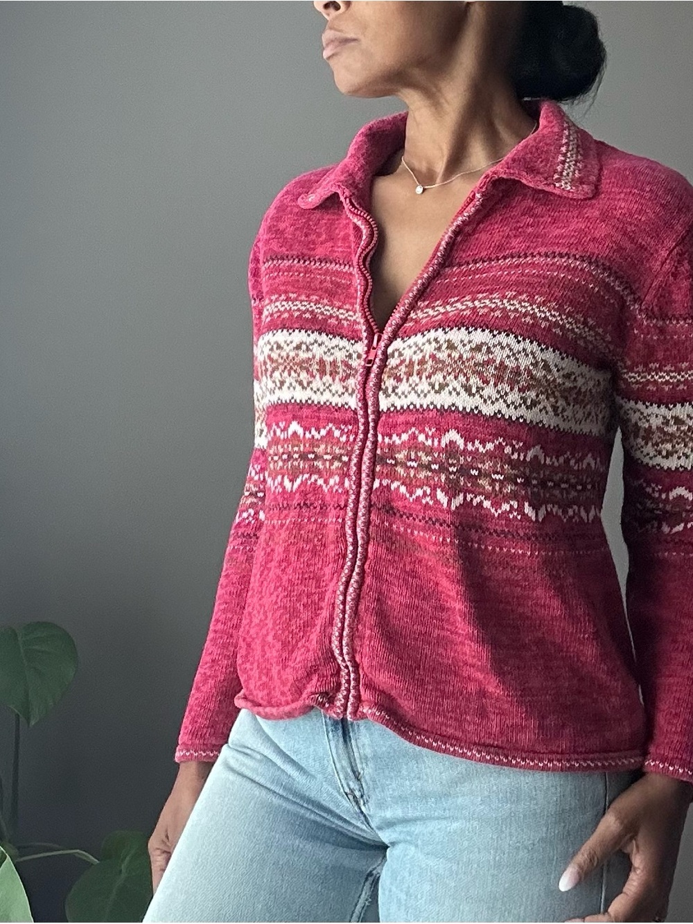 Vintage Tiara Zip Up Cardigan Sweater Size Small Fair‎ Isle Cottagecore Red